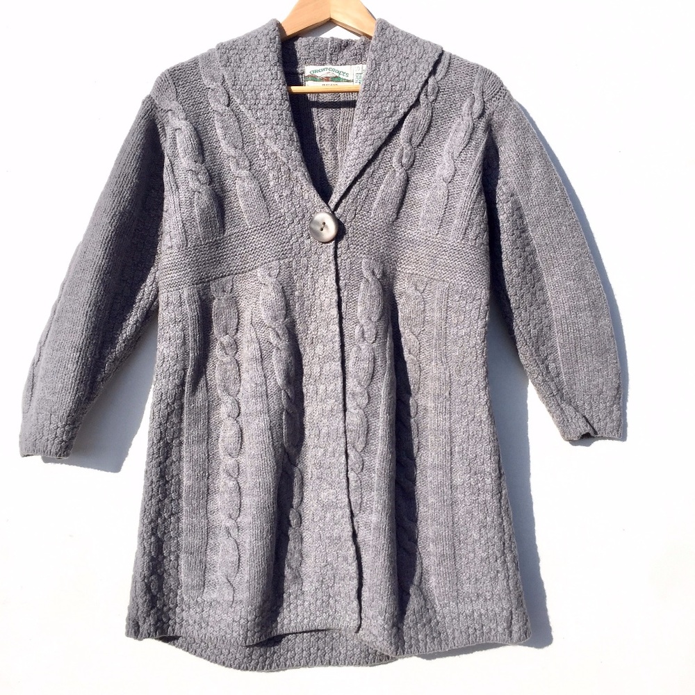 Aran Crafts Merino Wool One Button Sweater Grey Sm